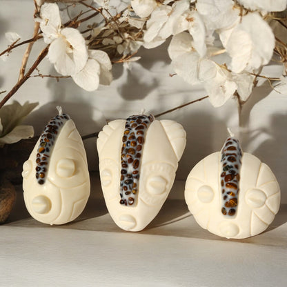 Coffret trio bougies KOBA, MAYELE et NAYA masques africains fait main en France avec pierres semi-précieuses de lithothérapie