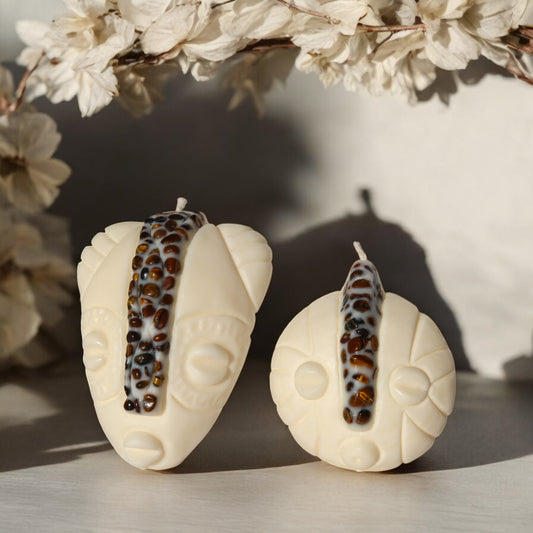 Coffret duo bougies KOBA et NAYA masques africains fait main en France avec pierres semi-précieuses de lithothérapie