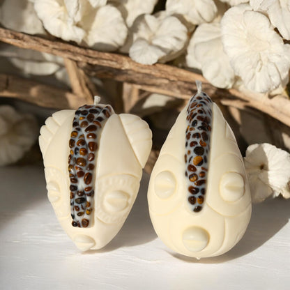 Coffret duo bougies MAYELE et NAYA masques africains fait main en France avec pierres semi-précieuses de lithothérapie