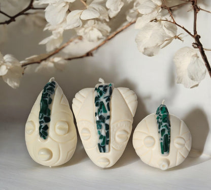 Coffret trio bougies KOBA, MAYELE et NAYA masques africains fait main en France avec pierres semi-précieuses de lithothérapie