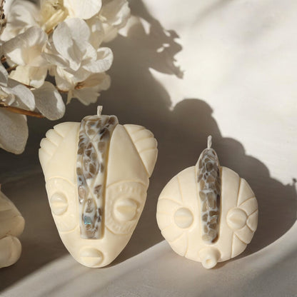 Coffret duo bougies KOBA et NAYA masques africains fait main en France avec pierres semi-précieuses de lithothérapie