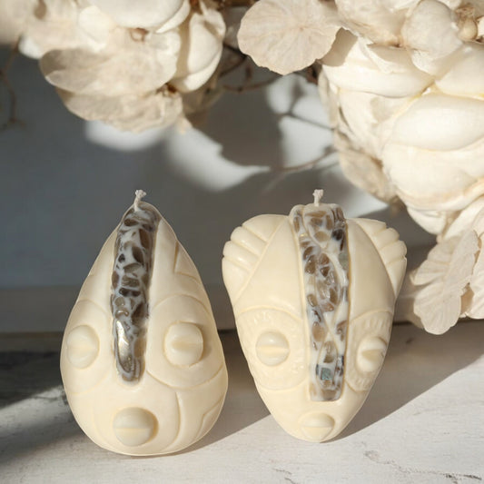Coffret duo bougies MAYELE et NAYA masques africains fait main en France avec pierres semi-précieuses de lithothérapie