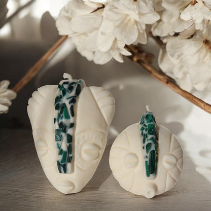 Coffret duo bougies KOBA et NAYA masques africains fait main en France avec pierres semi-précieuses de lithothérapie